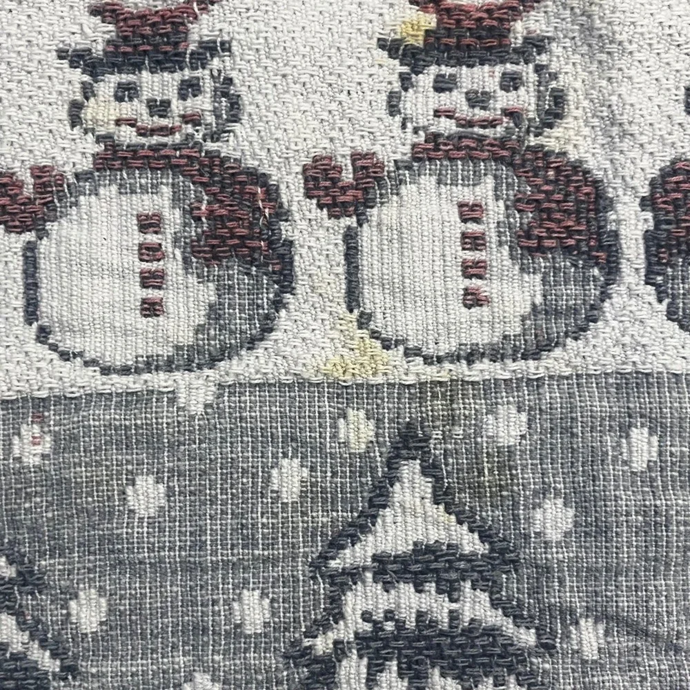 Vintage‎ Snowman Christmas Tree Woven Tapestry Table Runner Fringed Blue 61
